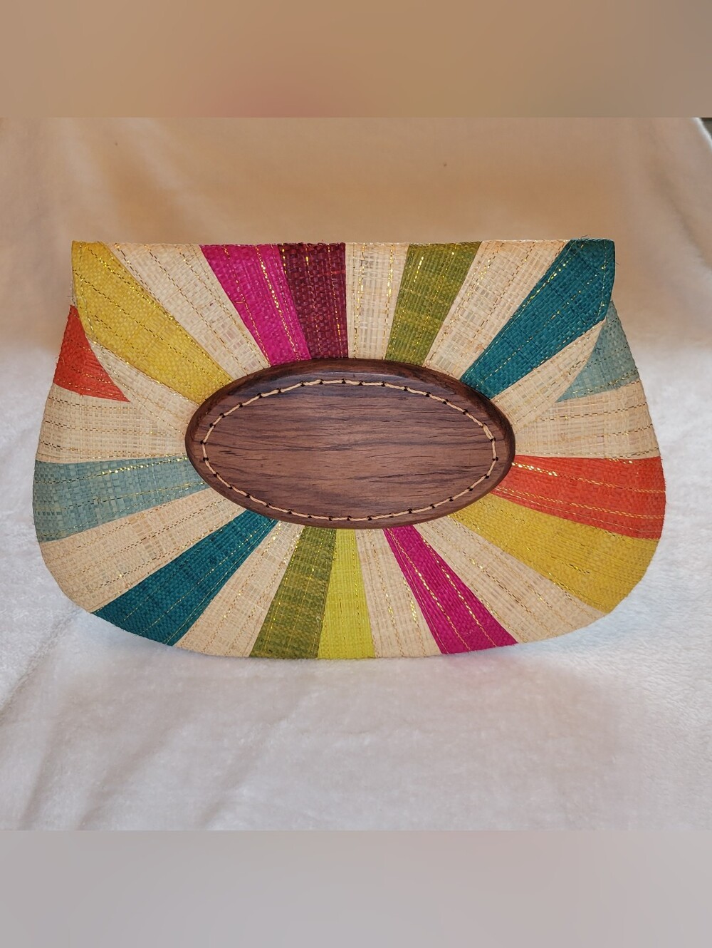 Mar Y Sol Multicolor Straw Sunburst Clutch with Wood Accent